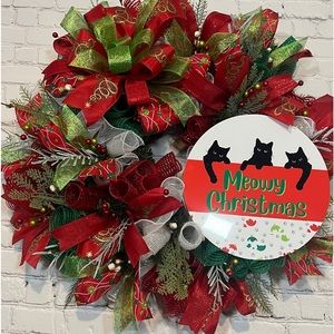 Large Handmade Cat Christmas Wreath with Evergreen, Ribbon, Mesh, greenery & bow